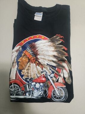 Gildan Black Graphic Tee - Native Chief & Red Motorcycle